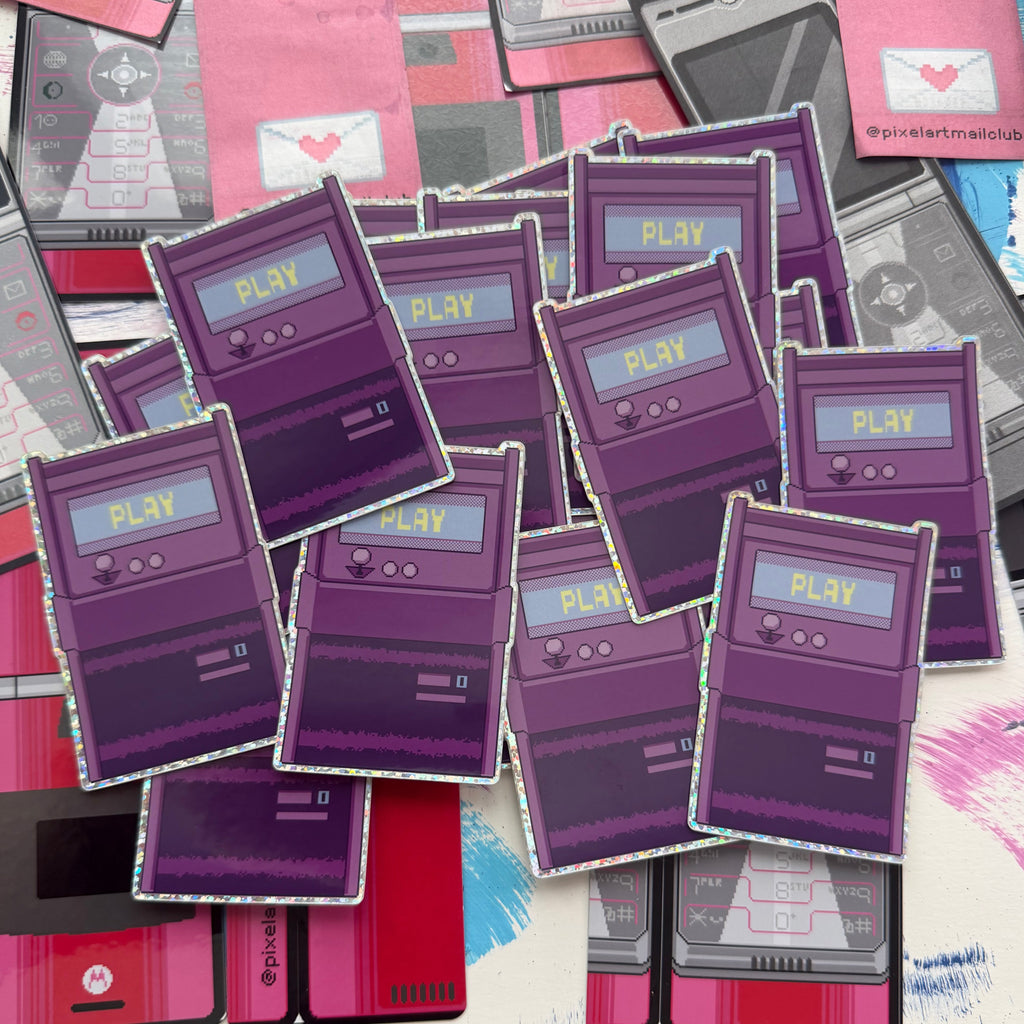 A pile of die-cut stickers shaped like retro purple arcade cabinets, scattered over a background collage of similar cassette and smartphone illustrations.