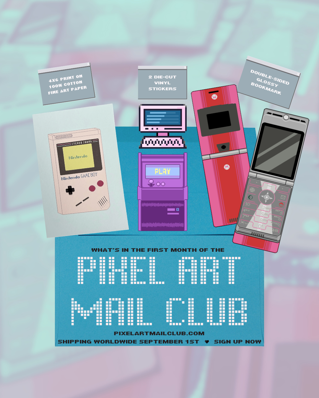 Promotional graphic for Pixel Art Mail Club featuring retro handheld game consoles and mobile phones floating above a blue pixel-style text panel with website and shipping details.