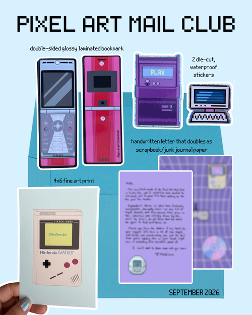 A promotional collage for a 'Pixel Art Mail Club' featuring retro gaming-themed stationery items on a light blue background, including a double-sided glossy laminated bookmark, waterproof stickers, a handwritten letter double-sided in scrapbook/junk paper, a 4x6 fine art print, and a Game Boy-style card. A hand is visible holding the card at the bottom left.